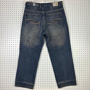 Koman Y2K Grunge Blue Jeans 38x32 Baggy Wide Leg Dark Wash Stitched‎ Skater Punk